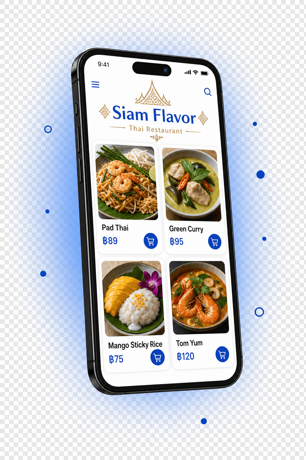Siam Flavor Thai Restaurant catalog app showing Pad Thai, Green Curry, Mango Sticky Rice and Tom Yum with cart buttons — built by Suriya AI