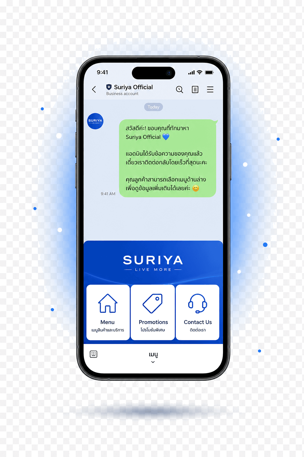Sleek iPhone showing LINE OA chat with Thai welcome messages and Suriya-branded rich menu with Menu, Promotions, and Contact Us buttons