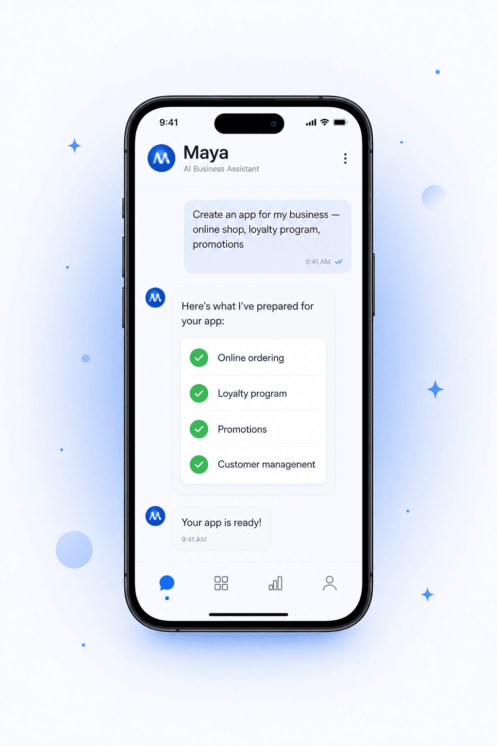 Maya AI builds your business app — chat interface showing online shop, loyalty program, promotions, and customer management being created in one conversation