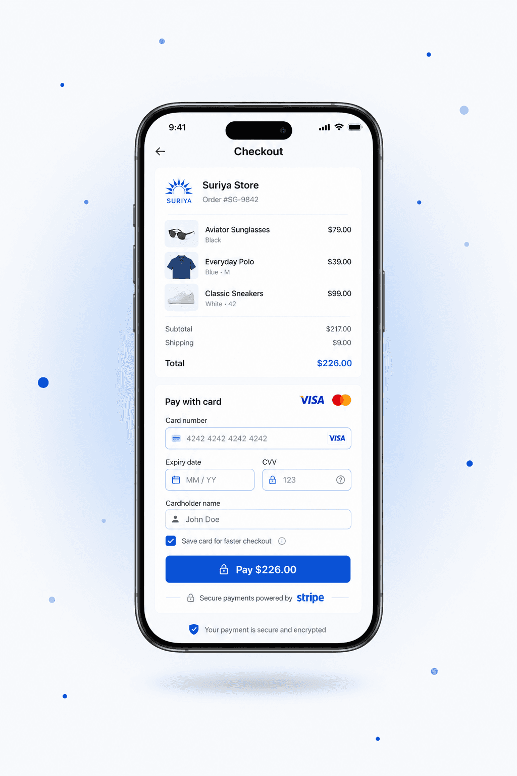 Suriya app showing Stripe checkout with Visa card payment, Thai baht order items, and a blue Pay button — no POS terminal needed