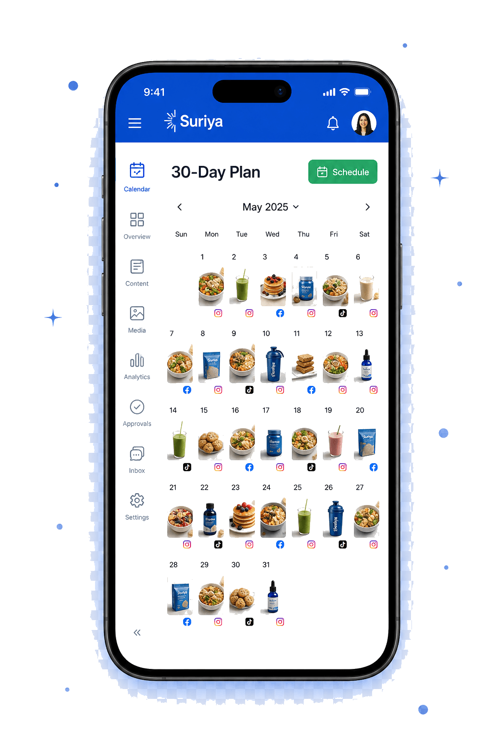 Suriya content calendar — a 30-day social posting plan with food and product thumbnails filling each day, Suriya blue header, Thai captions ready to schedule