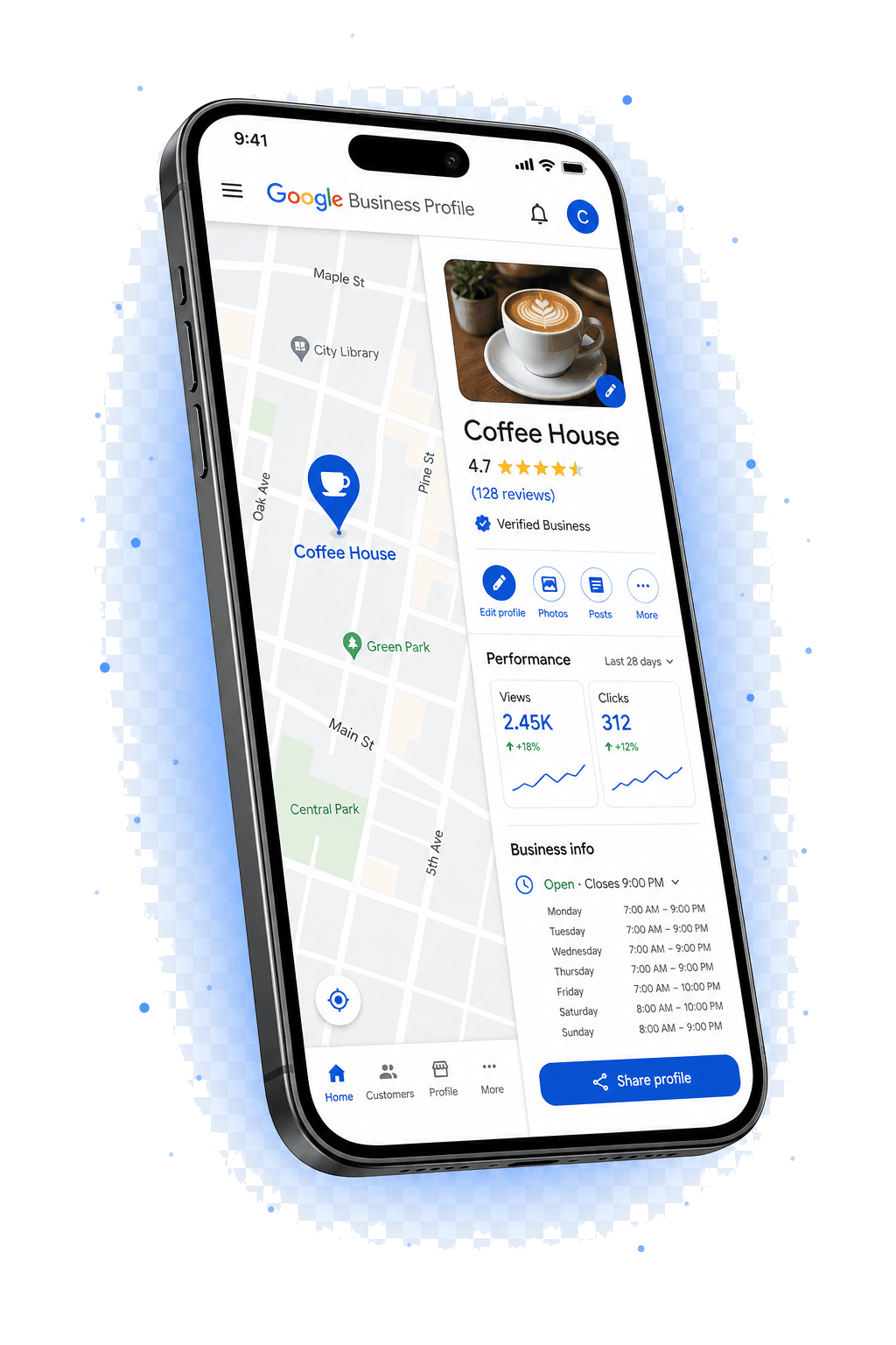 Google Business Profile connected to Suriya — showing Coffee House with 4.7 stars, 2.45K views, and business hours on Google Maps