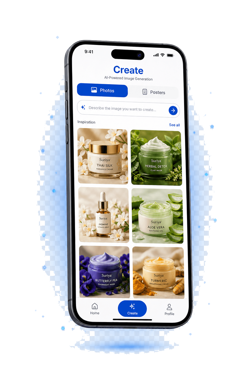 Suriya AI Image Generation — Create screen showing Photos and Posters tabs with a 6-product Thai skincare grid and blue brand accents