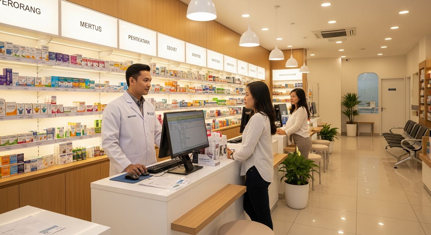 Pharmacy owner in Indonesia reviewing Google Maps listing and stock dashboard
