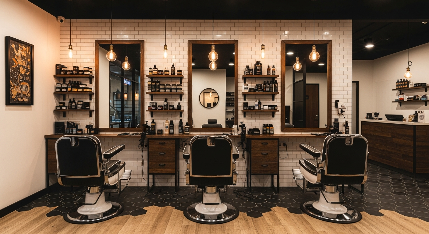 Stylish modern barbershop interior in Malaysia with leather chairs and warm lighting