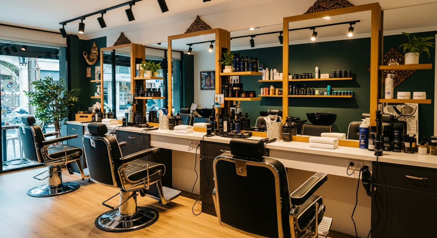 Trendy Thai barbershop in Bangkok with industrial design and warm lighting