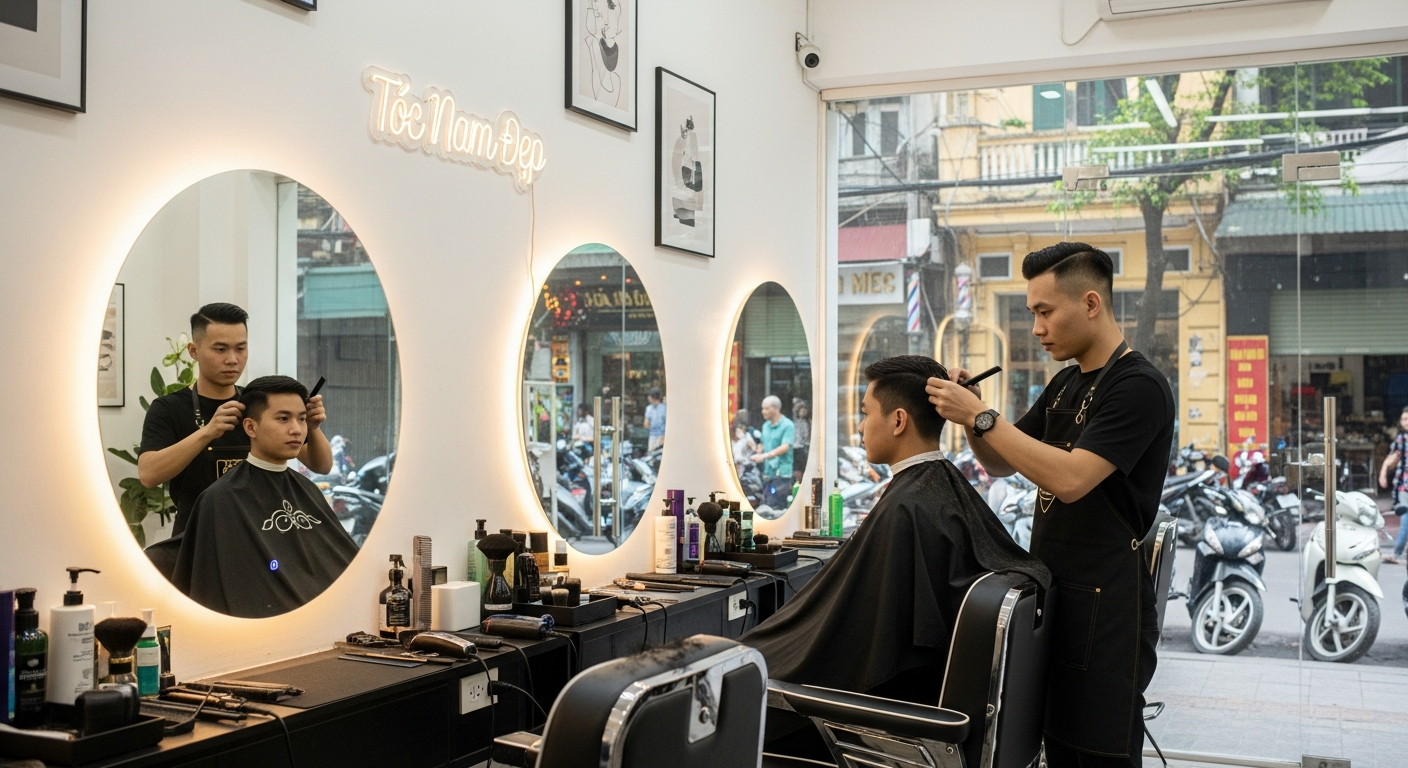 Barber owner in Vietnam checking Google Maps on phone
