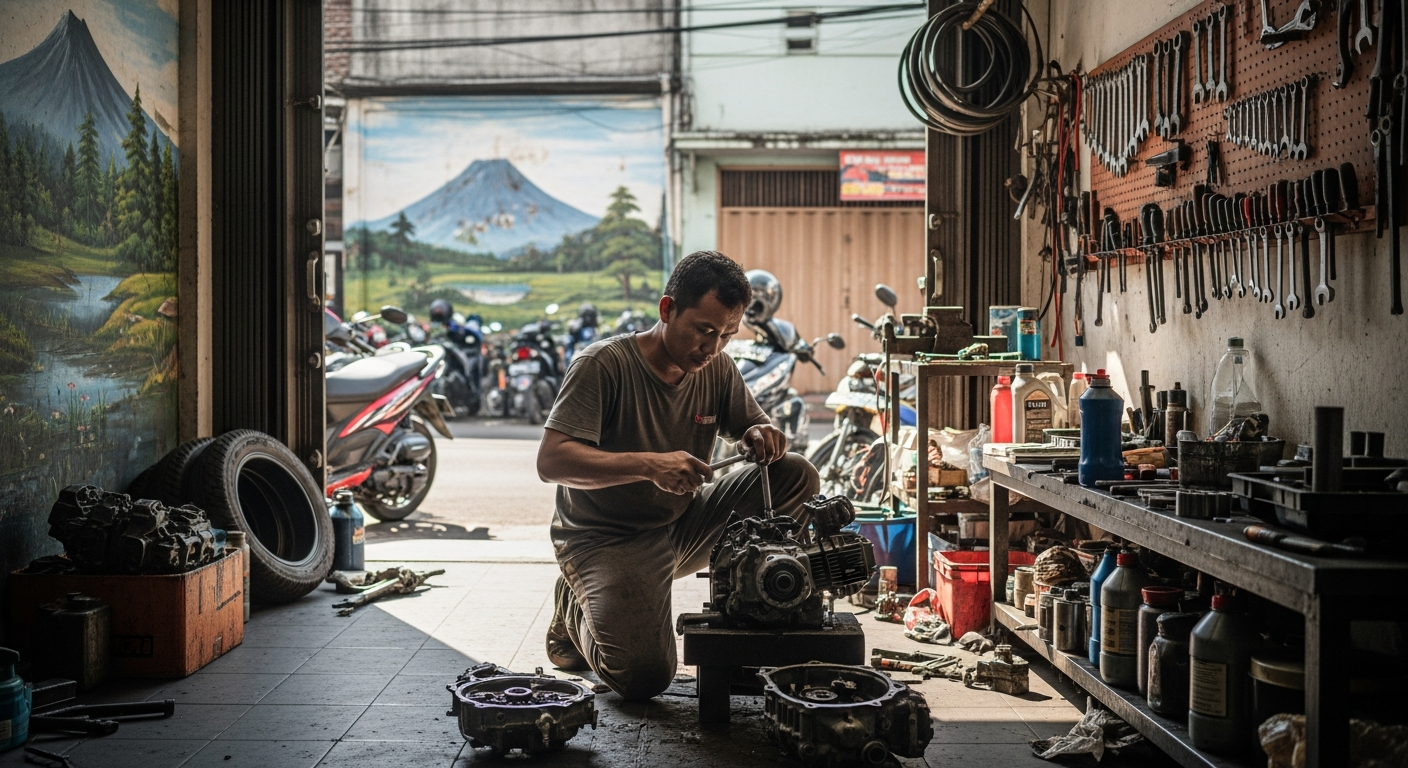 Bengkel owner in Indonesia checking Google Maps ranking on phone