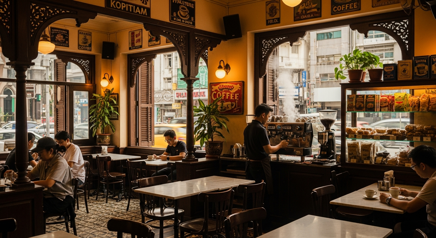 Café owner in Malaysia checking Google Maps ranking on phone