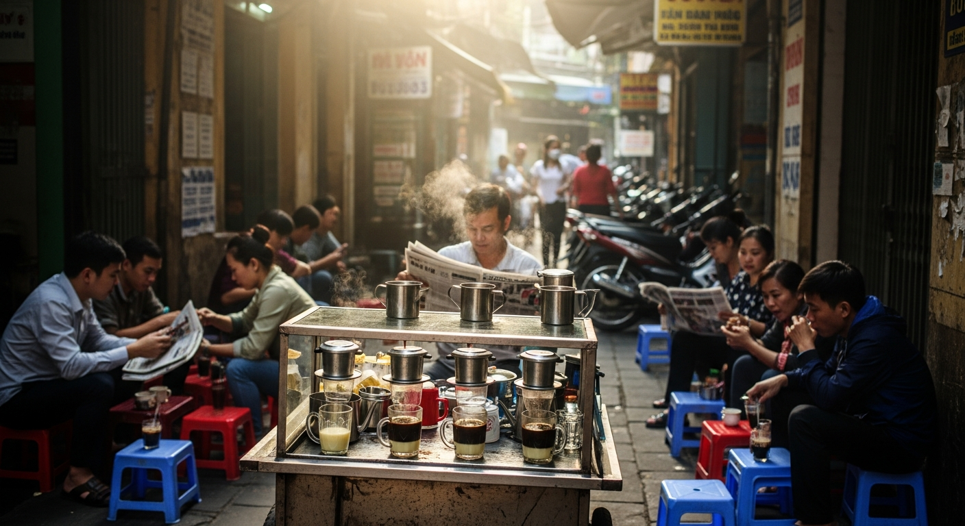 Cafe owner in Vietnam checking Google Maps ranking on phone