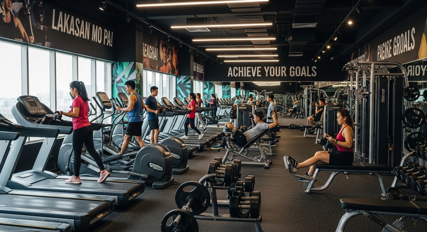 Gym owner in the Philippines checking Google Maps on phone in gym floor