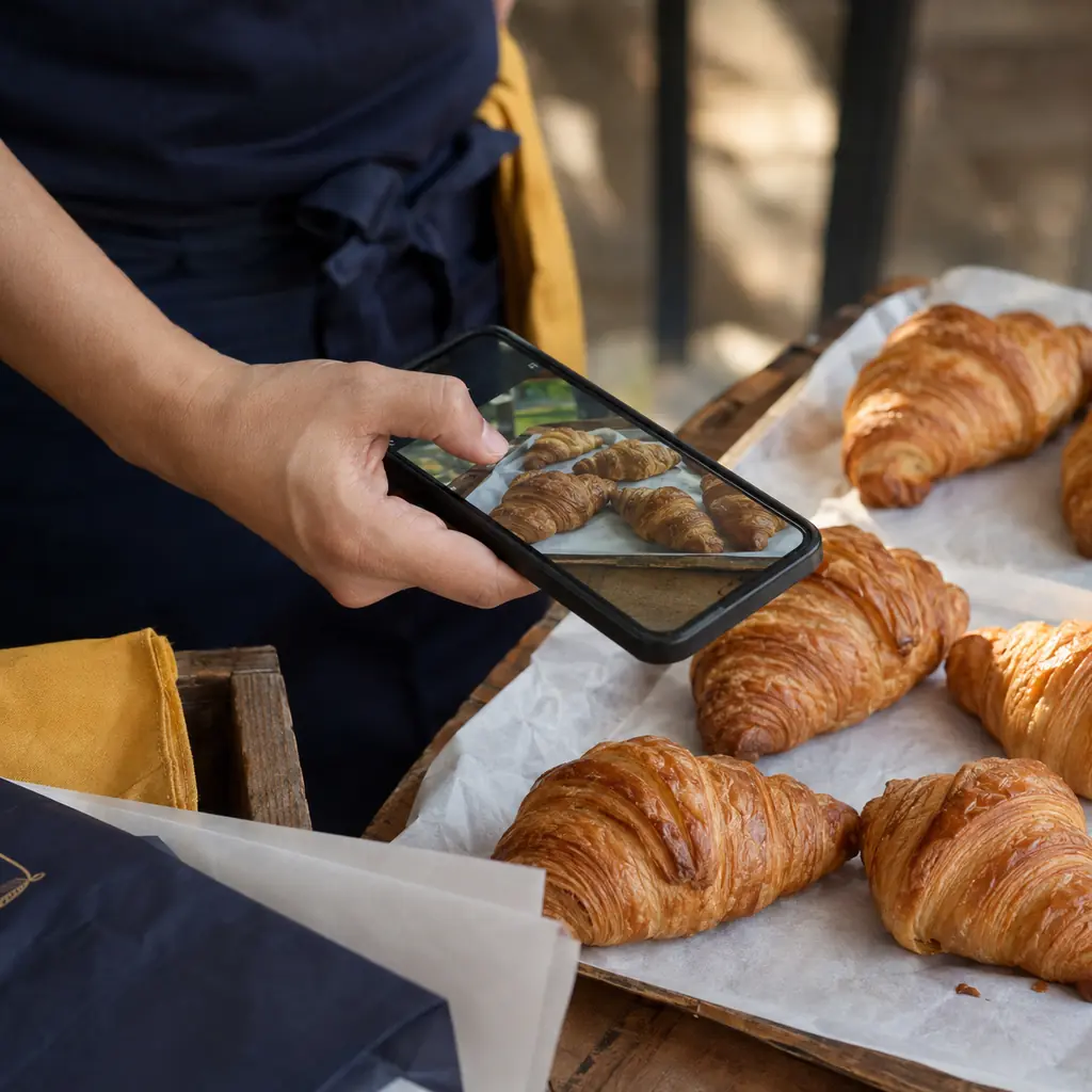 A hand holding a phone over a tray of croissants