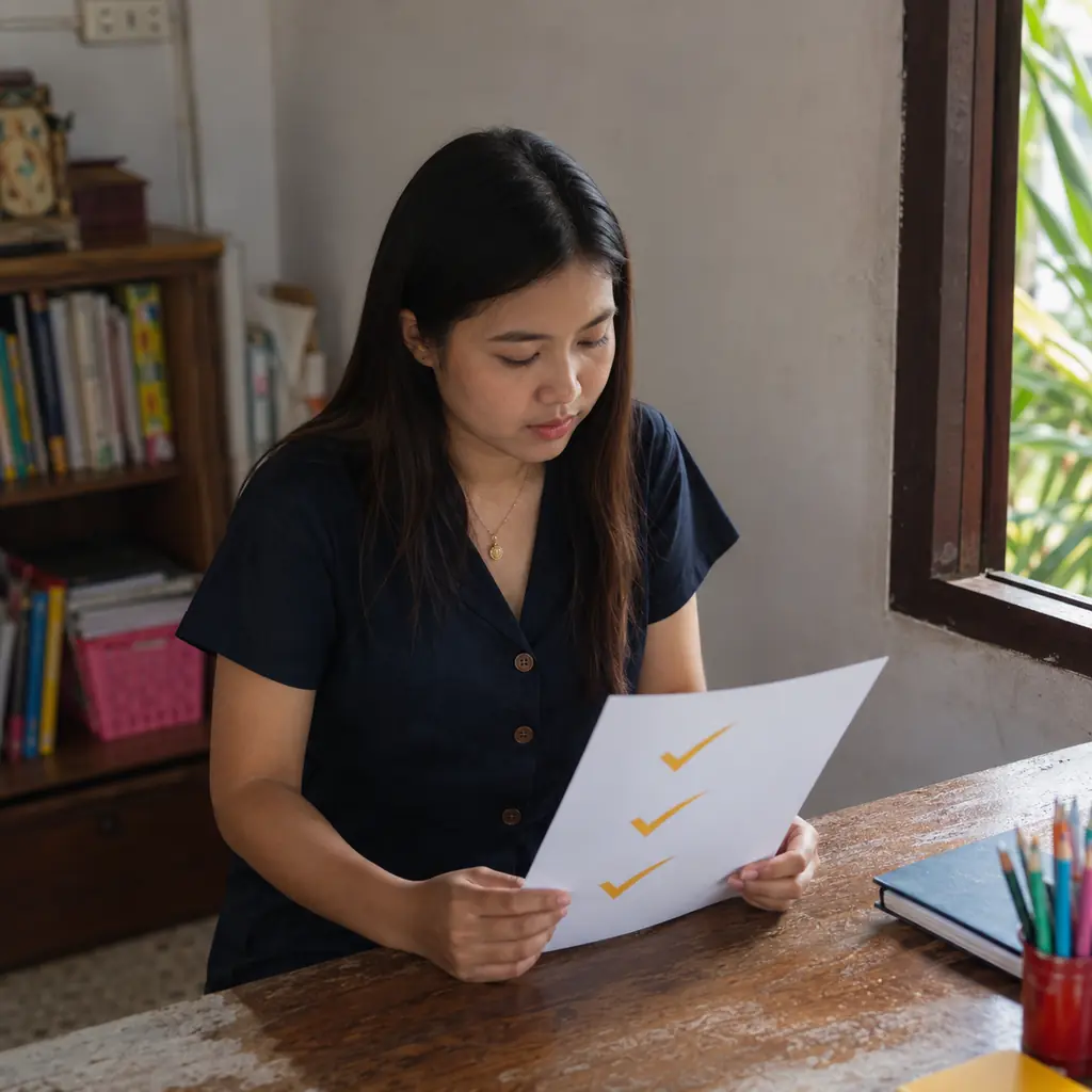 A tutor at a small desk reading a one-page printout with three big checkmarks