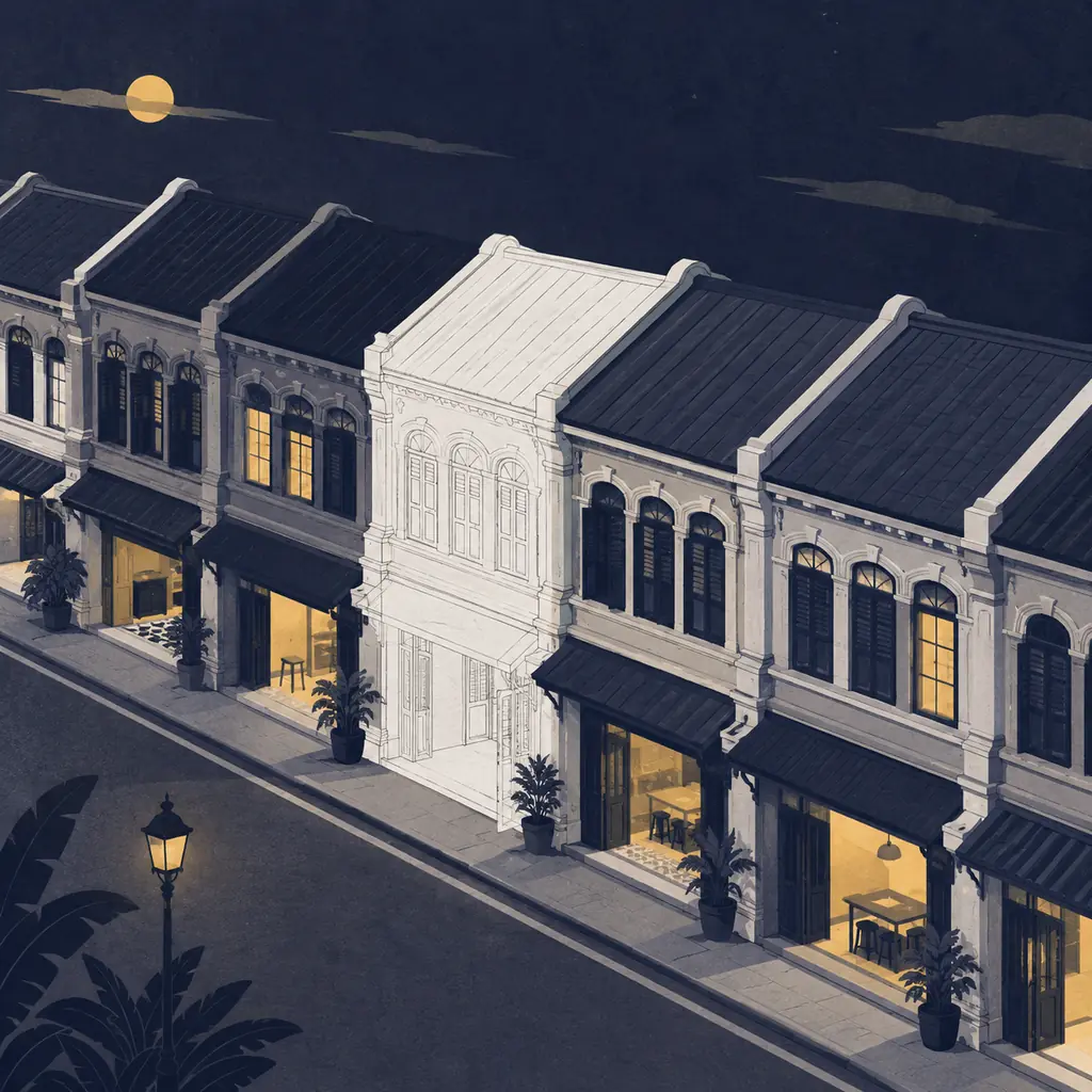 The same illustrated street with one building still sketched